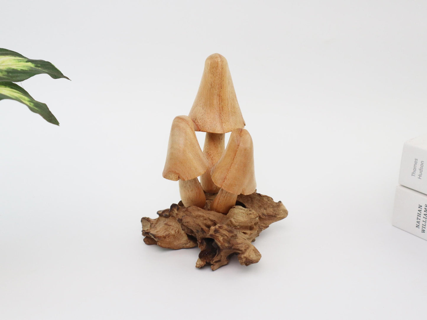 Hand-Carved Natural Wood Conical Mushroom Sculpture - Rustic Woodland Decor