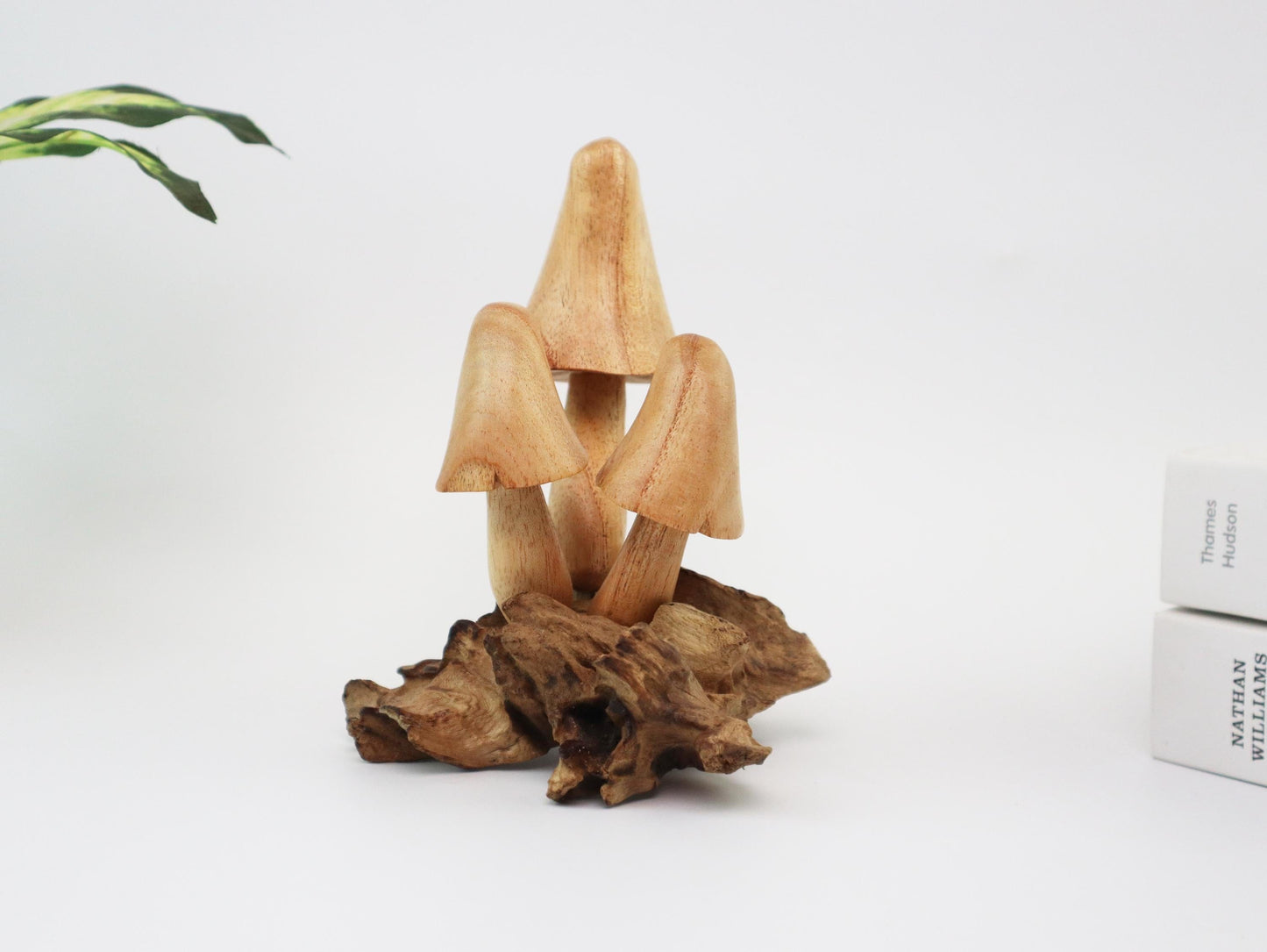 Hand-Carved Natural Wood Conical Mushroom Sculpture - Rustic Woodland Decor