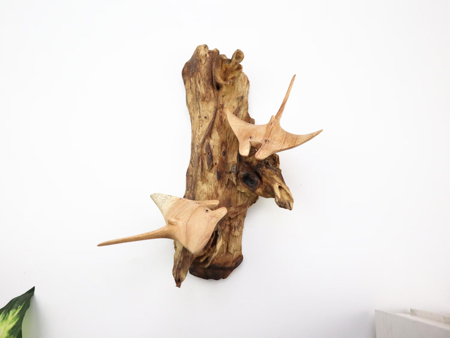 Hand-Carved Wooden Manta Ray Pair Wall Art on Driftwood - Coastal Home Decor