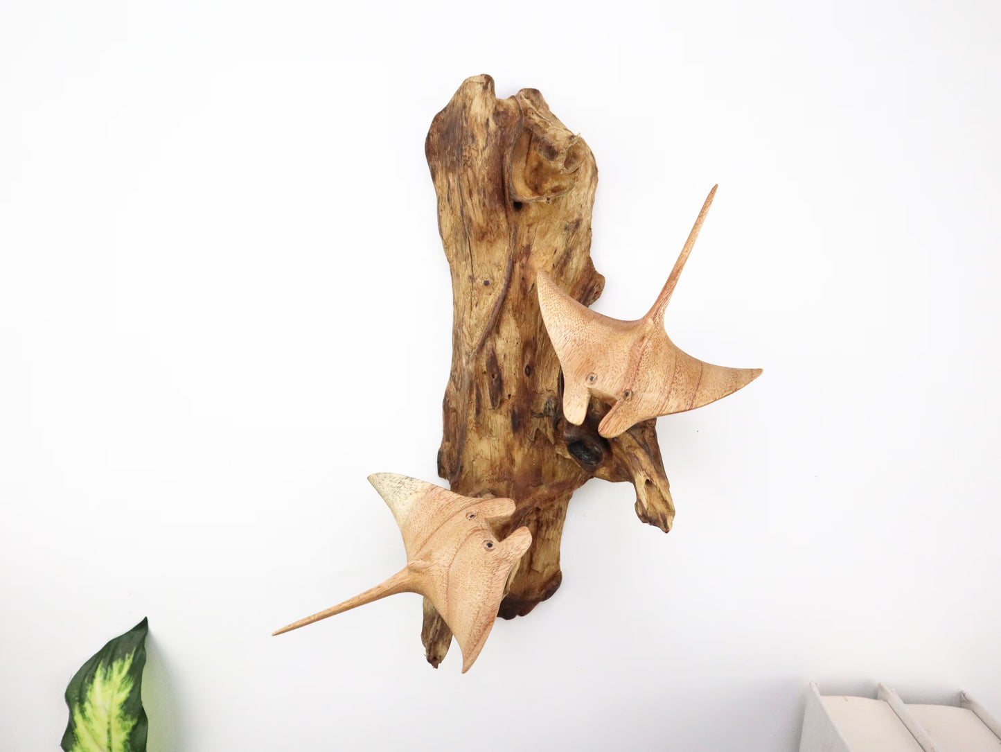 Hand-Carved Wooden Manta Ray Pair Wall Art on Driftwood - Coastal Home Decor