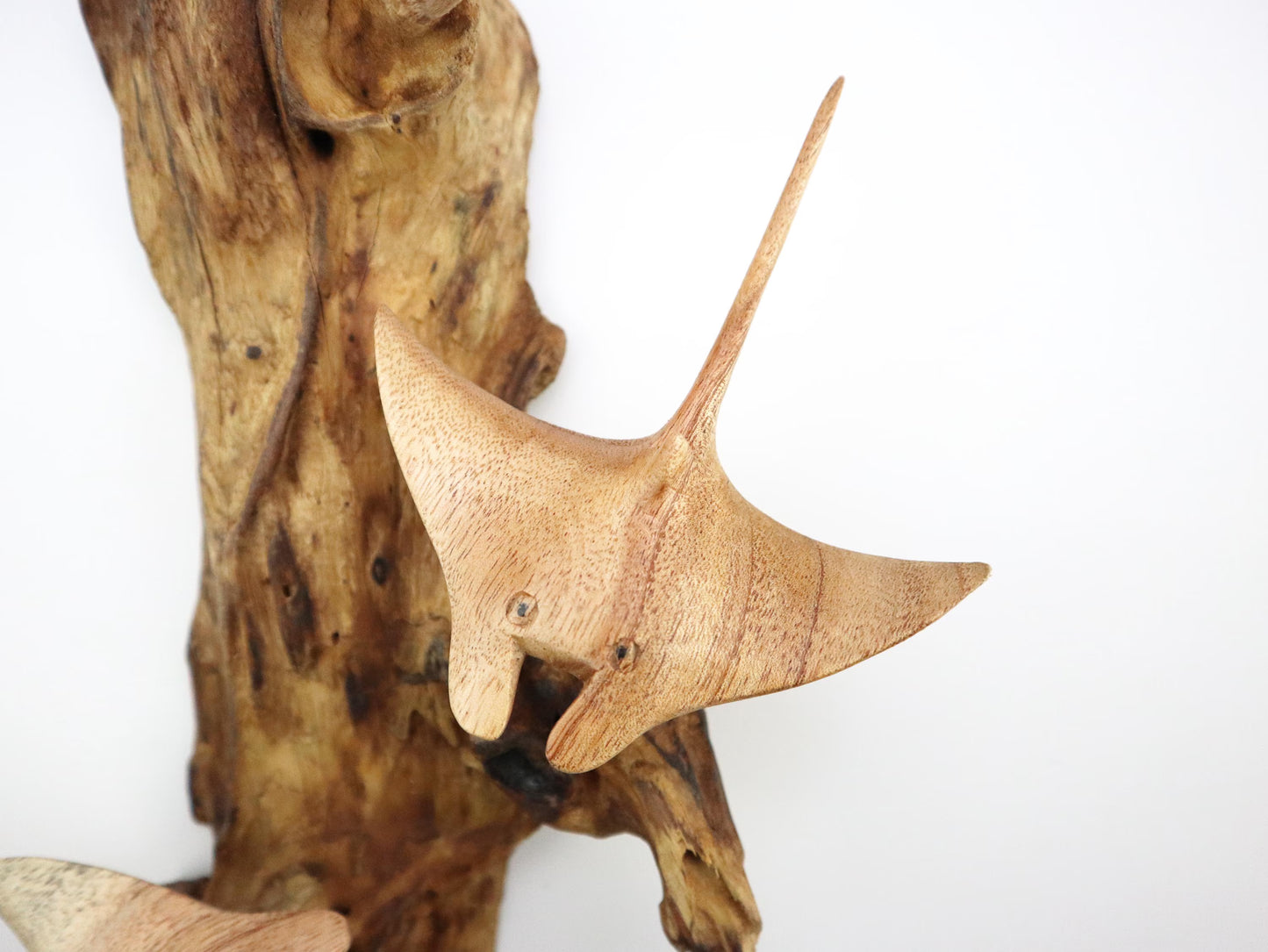 Hand-Carved Wooden Manta Ray Pair Wall Art on Driftwood - Coastal Home Decor