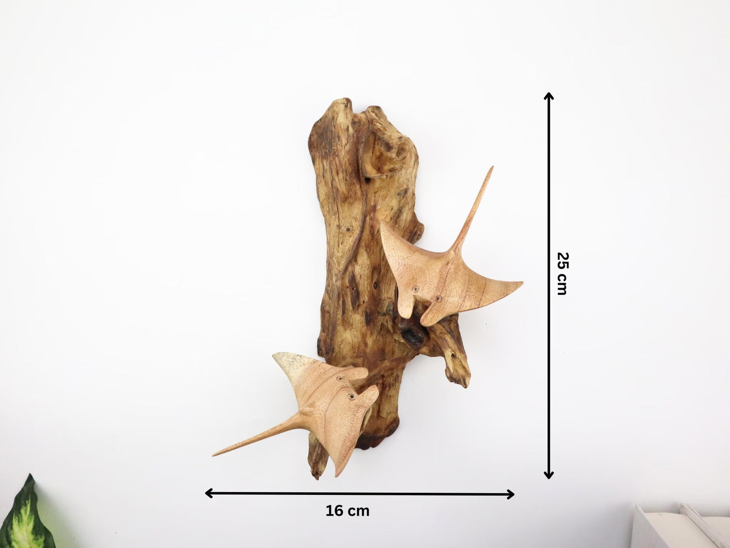 Hand-Carved Wooden Manta Ray Pair Wall Art on Driftwood - Coastal Home Decor