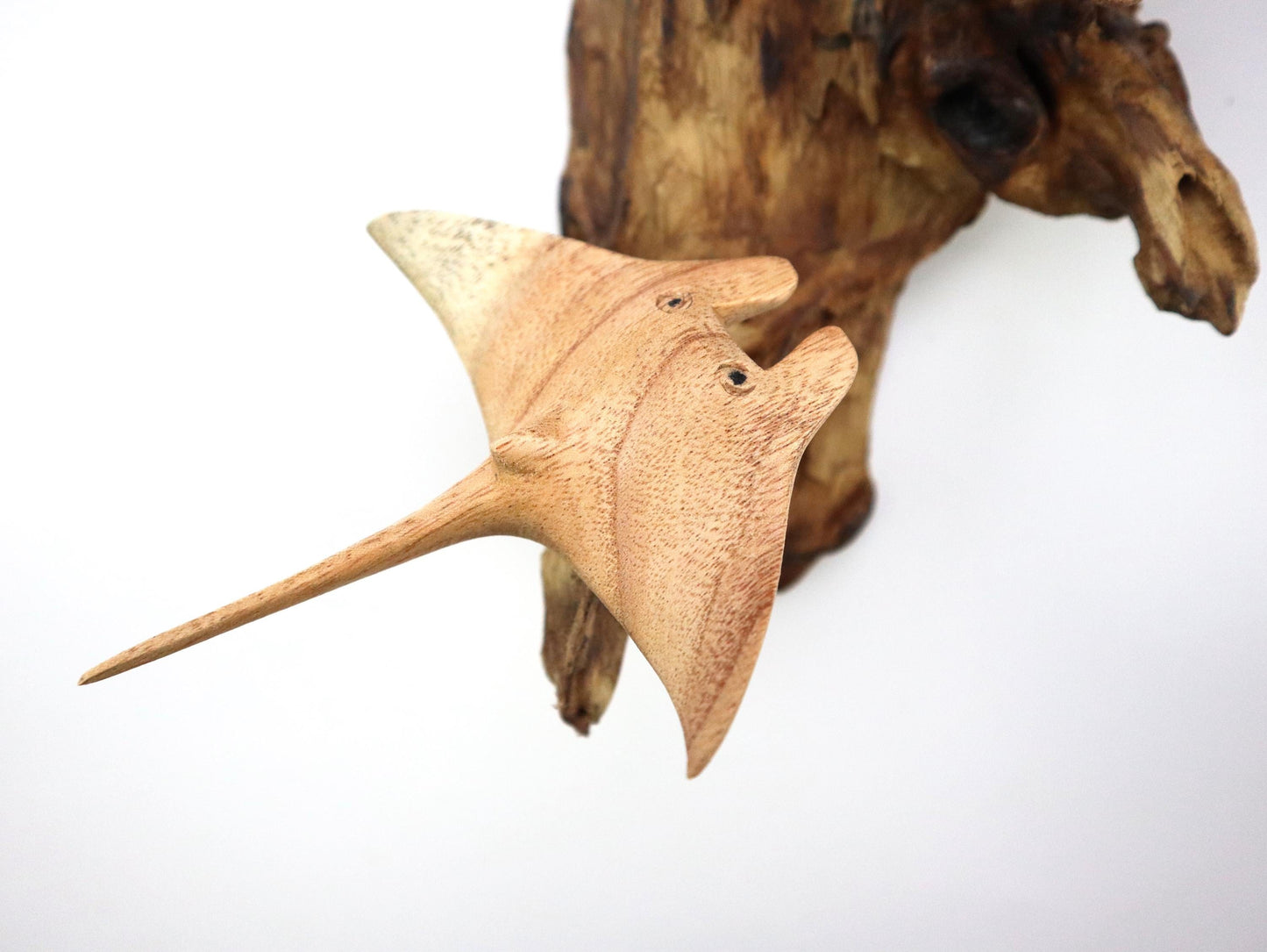 Hand-Carved Wooden Manta Ray Pair Wall Art on Driftwood - Coastal Home Decor