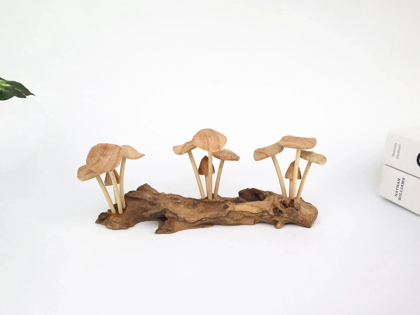 Hand-Carved Natural Wood Mushroom Log Sculpture - Horizontal Woodland Centerpiece
