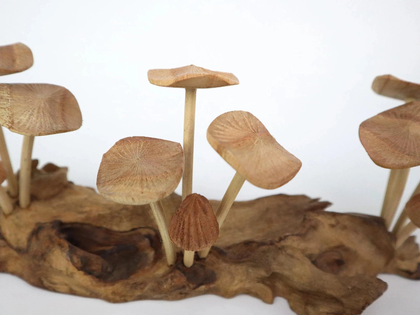 Hand-Carved Natural Wood Mushroom Log Sculpture - Horizontal Woodland Centerpiece