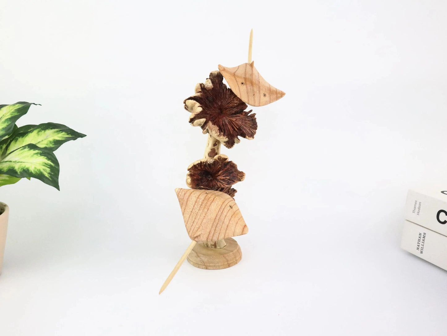 Hand-Carved Wooden Stingray Sculpture on Natural Wood Base - Coastal Home Decor