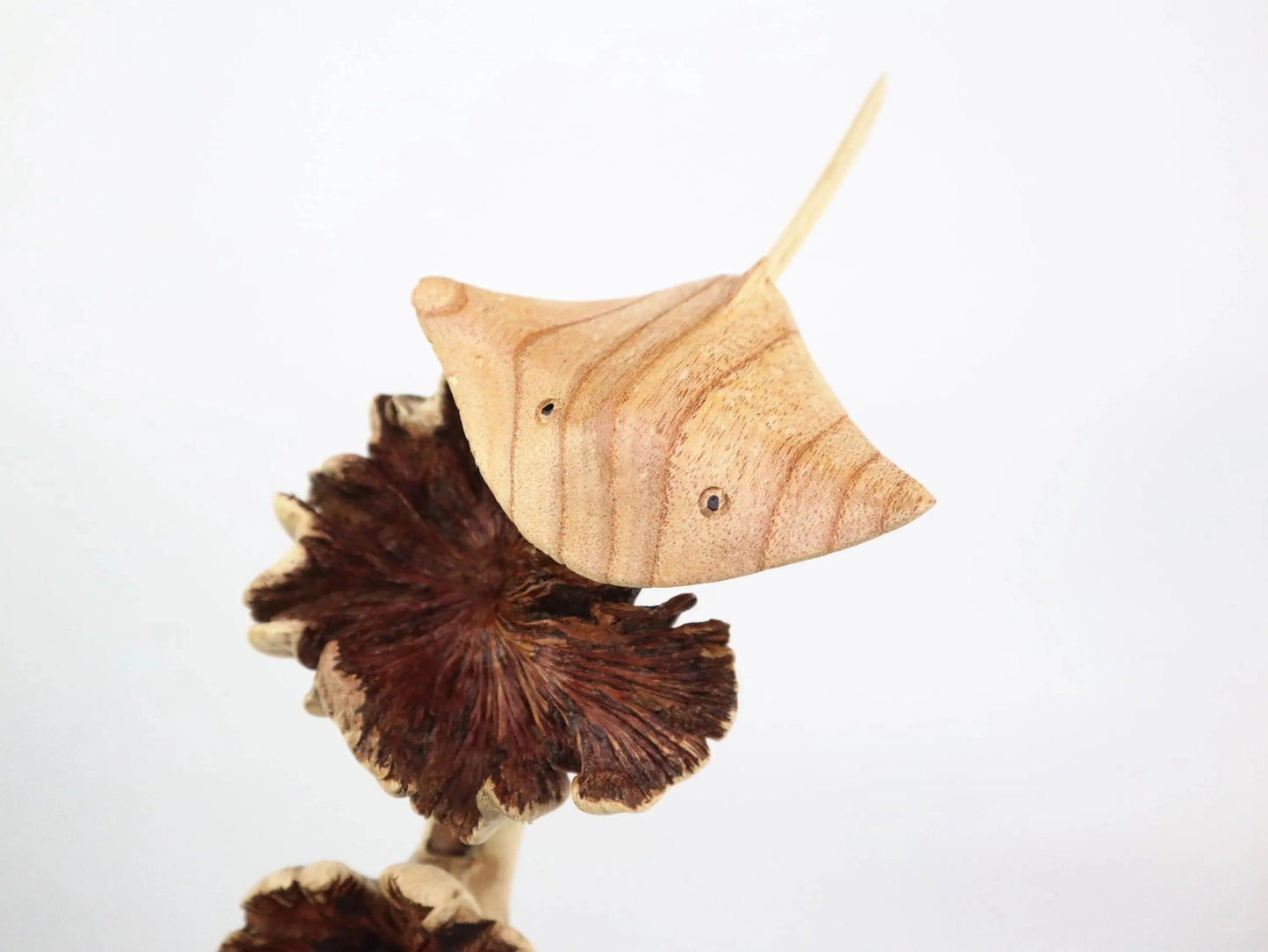 Hand-Carved Wooden Stingray Sculpture on Natural Wood Base - Coastal Home Decor