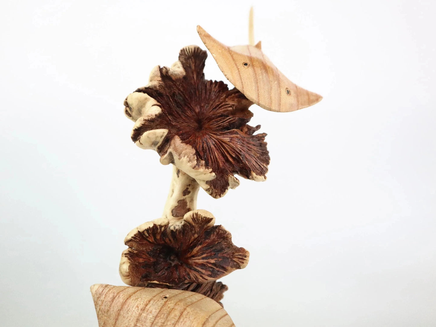Hand-Carved Wooden Stingray Sculpture on Natural Wood Base - Coastal Home Decor