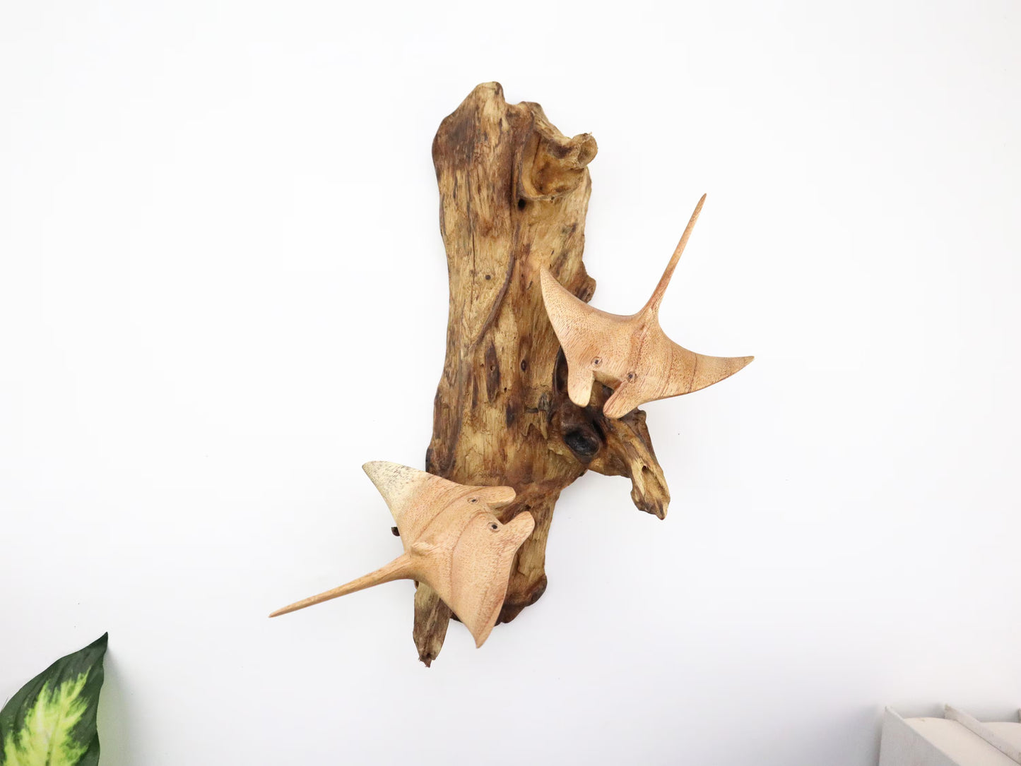 Hand-Carved Wooden Manta Ray Pair Wall Art on Driftwood - Coastal Home Decor