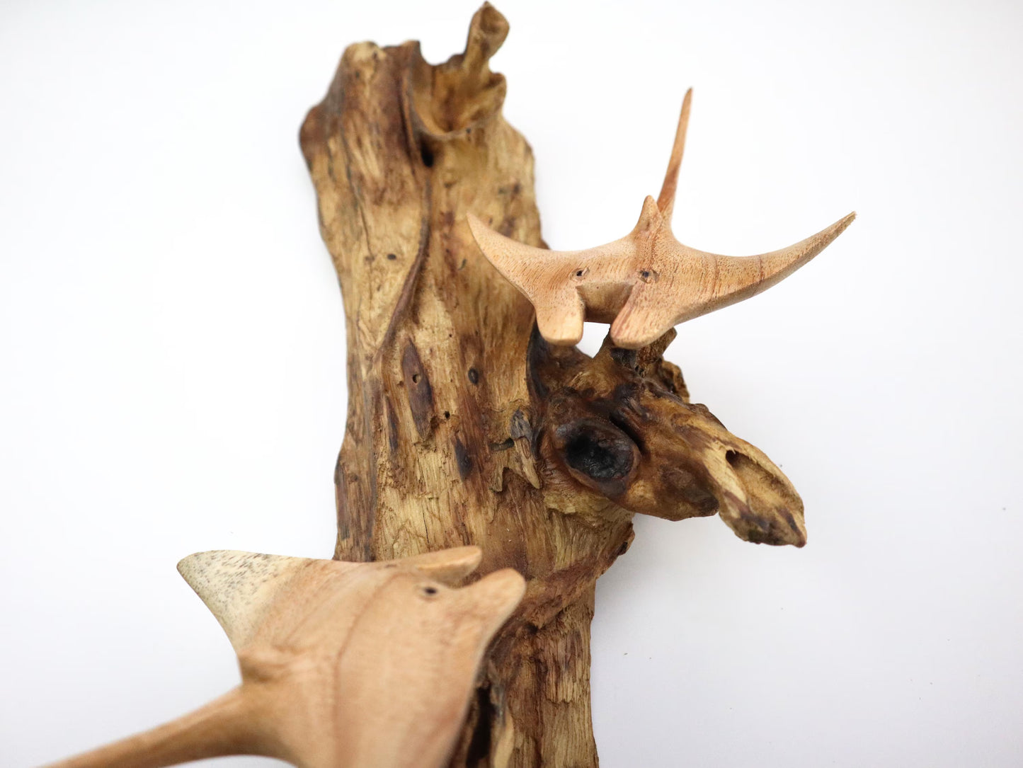 Hand-Carved Wooden Manta Ray Pair Wall Art on Driftwood - Coastal Home Decor