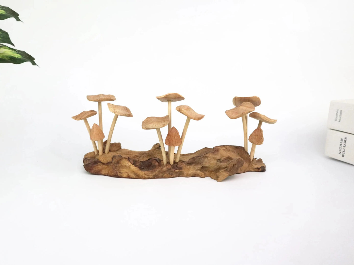 Hand-Carved Natural Wood Mushroom Log Sculpture - Horizontal Woodland Centerpiece