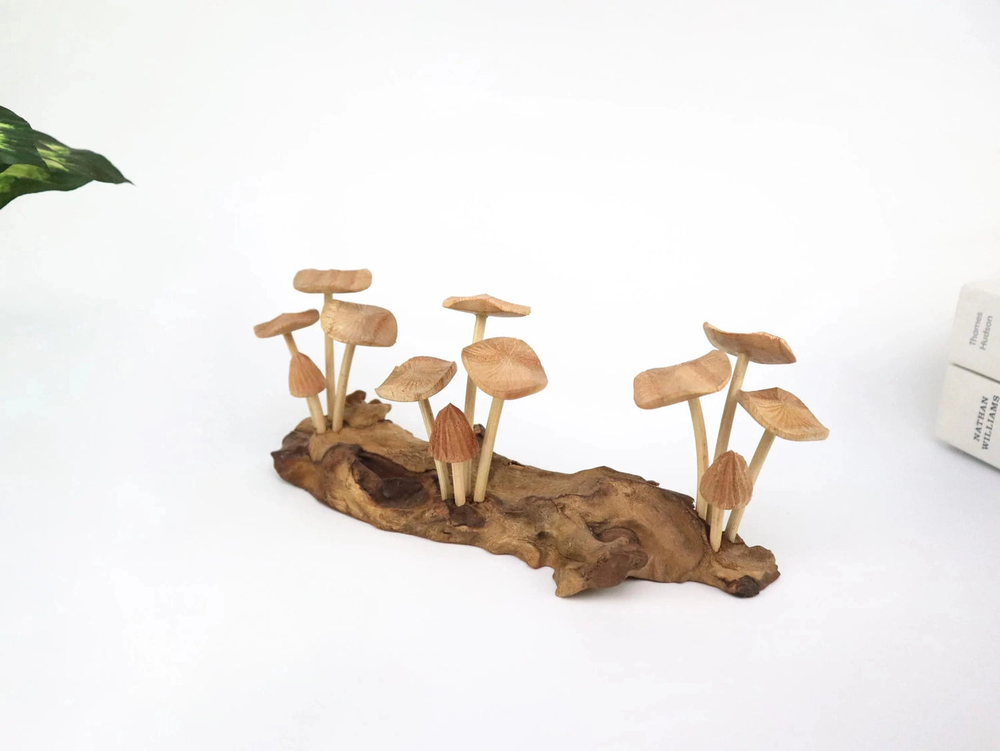 Hand-Carved Natural Wood Mushroom Log Sculpture - Horizontal Woodland Centerpiece