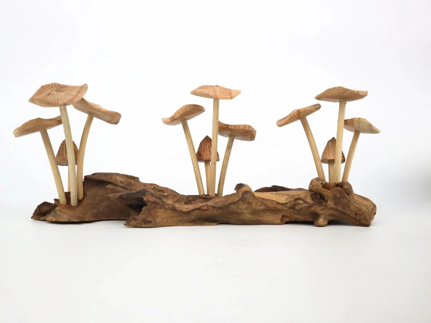 Hand-Carved Natural Wood Mushroom Log Sculpture - Horizontal Woodland Centerpiece