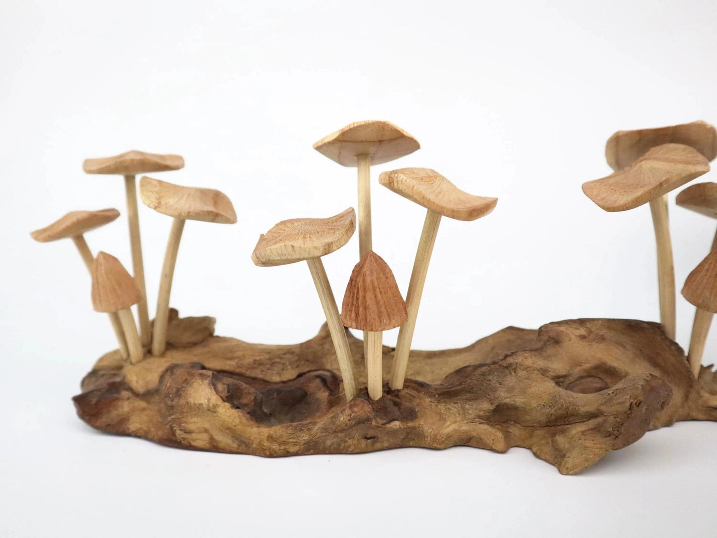 Hand-Carved Natural Wood Mushroom Log Sculpture - Horizontal Woodland Centerpiece