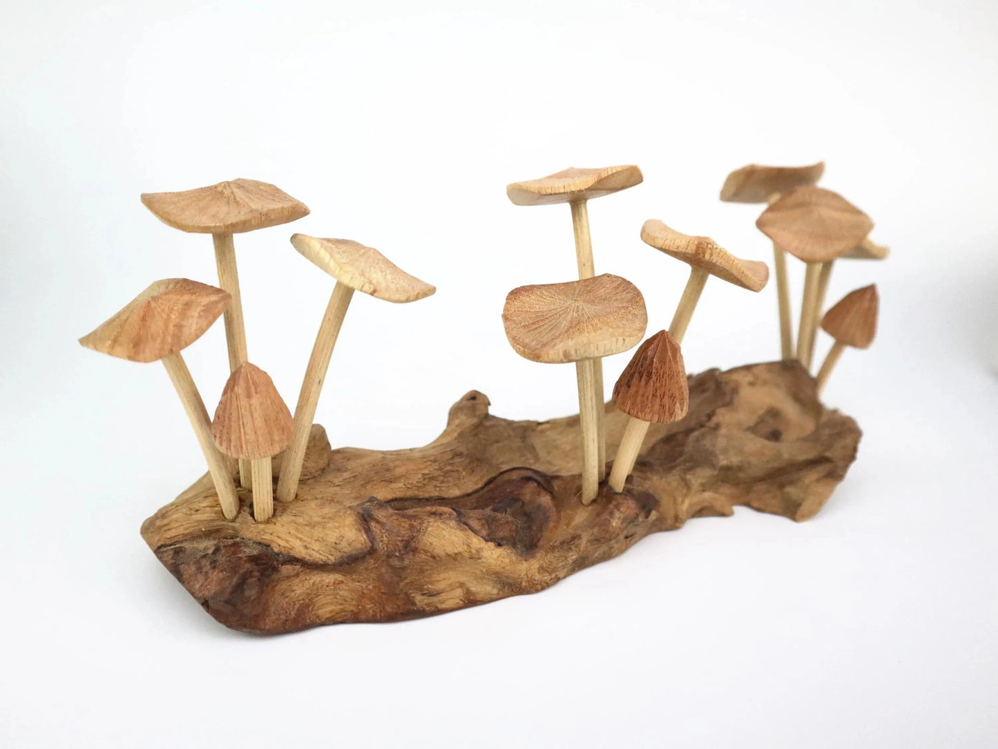 Hand-Carved Natural Wood Mushroom Log Sculpture - Horizontal Woodland Centerpiece
