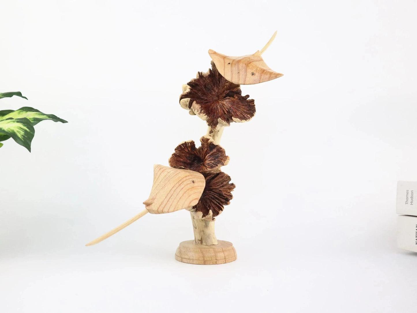 Hand-Carved Wooden Stingray Sculpture on Natural Wood Base - Coastal Home Decor