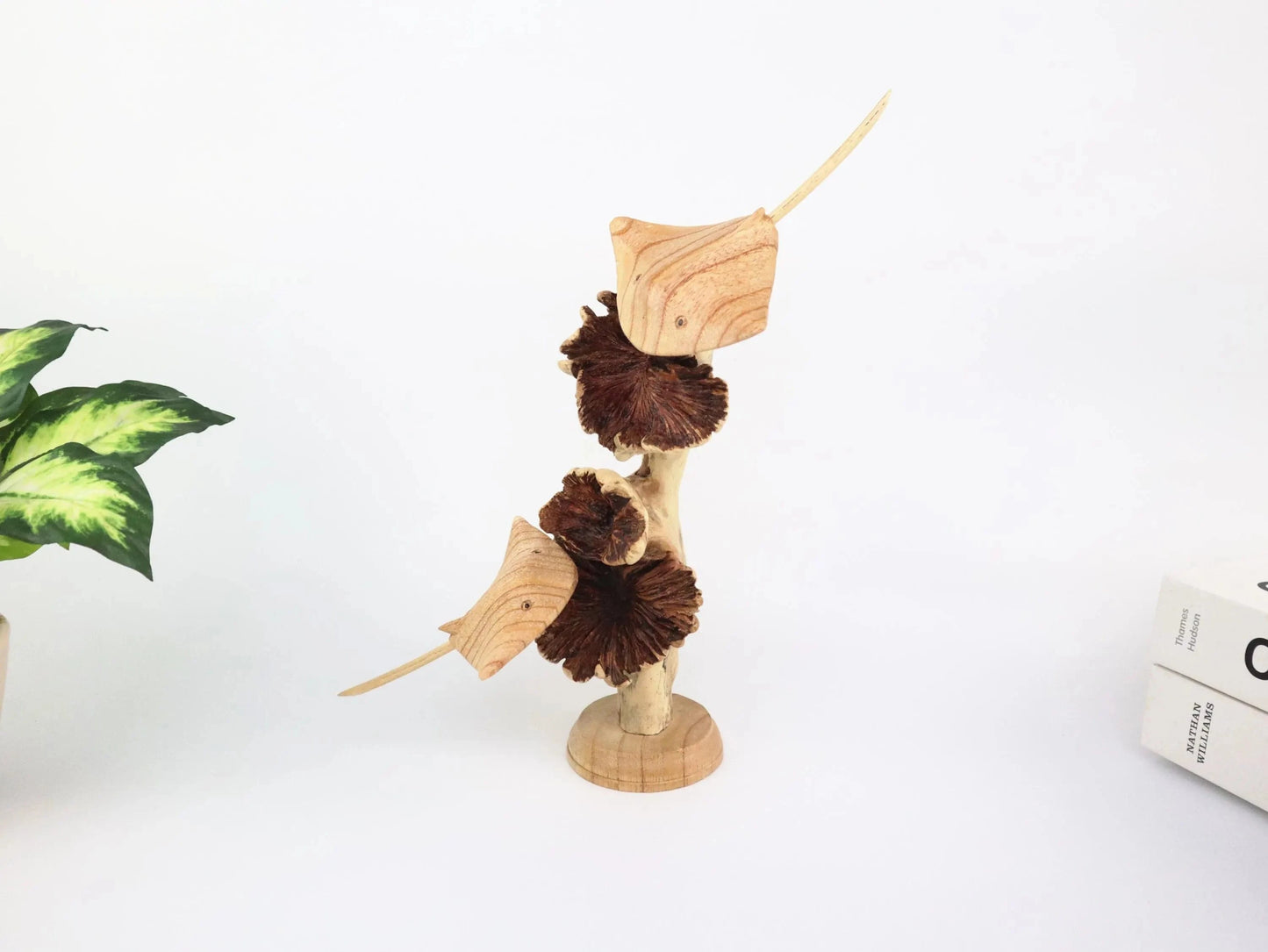 Hand-Carved Wooden Stingray Sculpture on Natural Wood Base - Coastal Home Decor