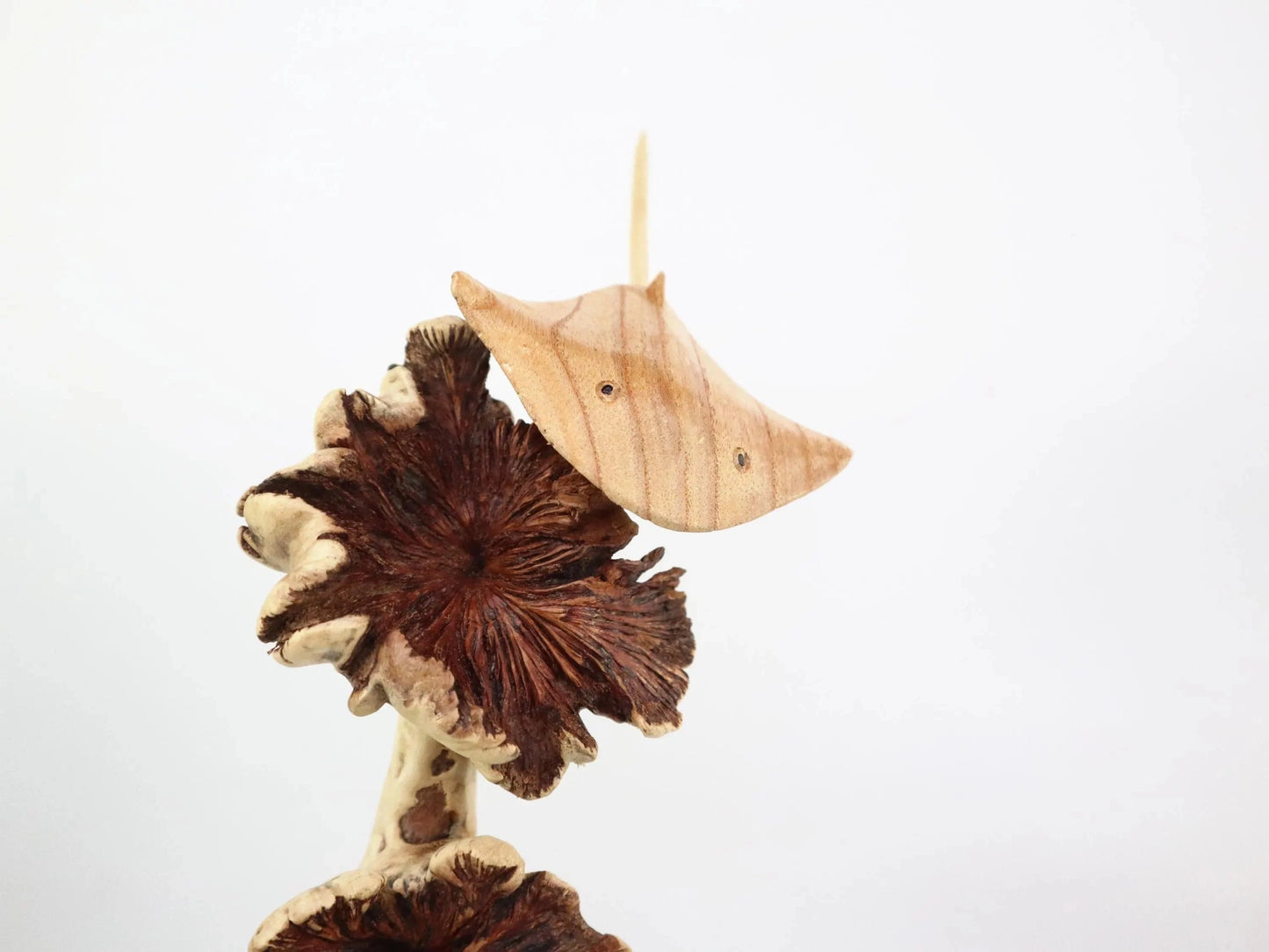 Hand-Carved Wooden Stingray Sculpture on Natural Wood Base - Coastal Home Decor