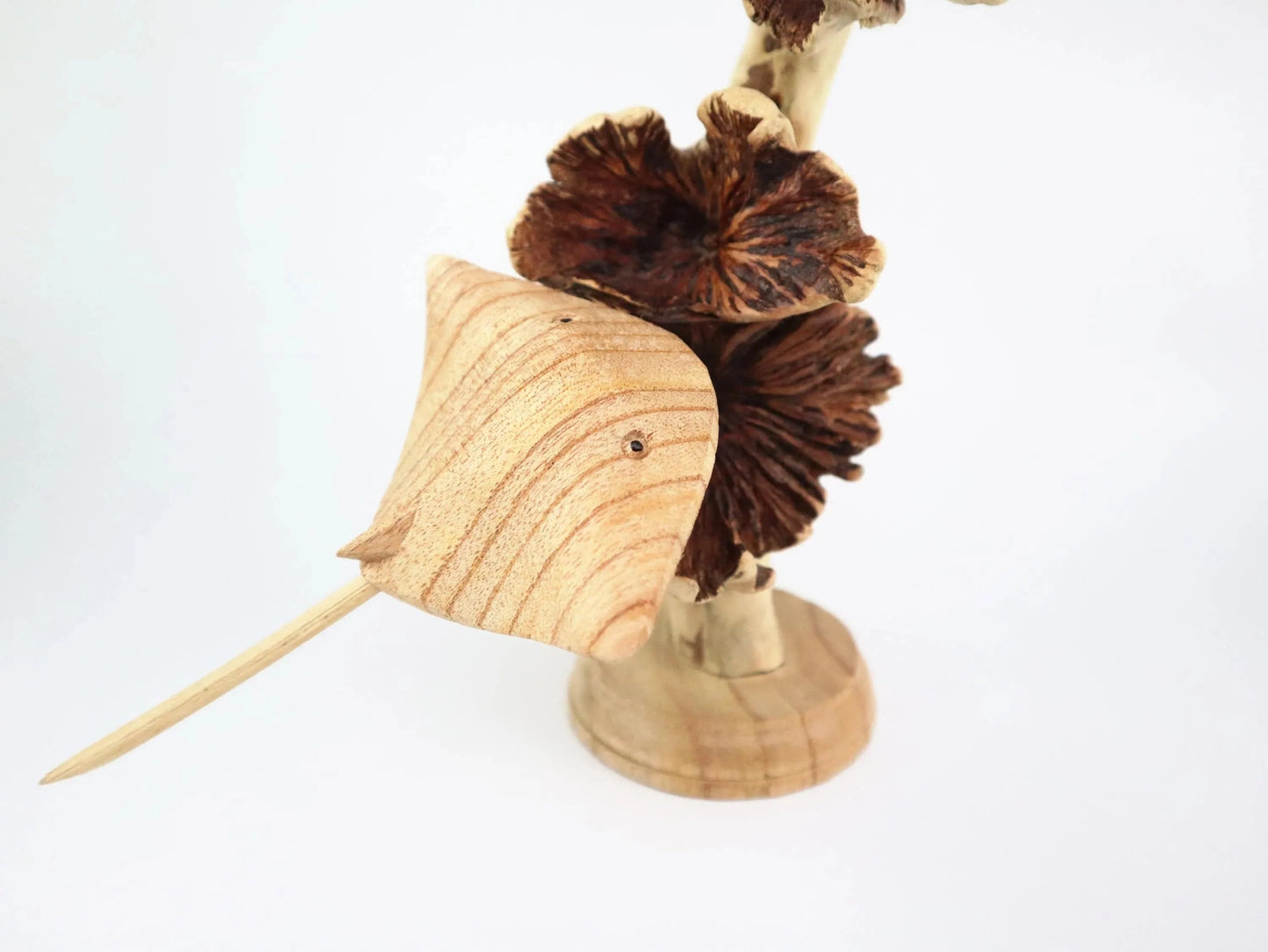Hand-Carved Wooden Stingray Sculpture on Natural Wood Base - Coastal Home Decor