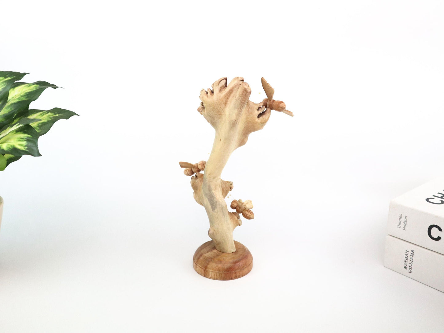 Hand-Carved Natural Wood Bee Trio on Seed Pod Tree - Freestanding Woodland Decor