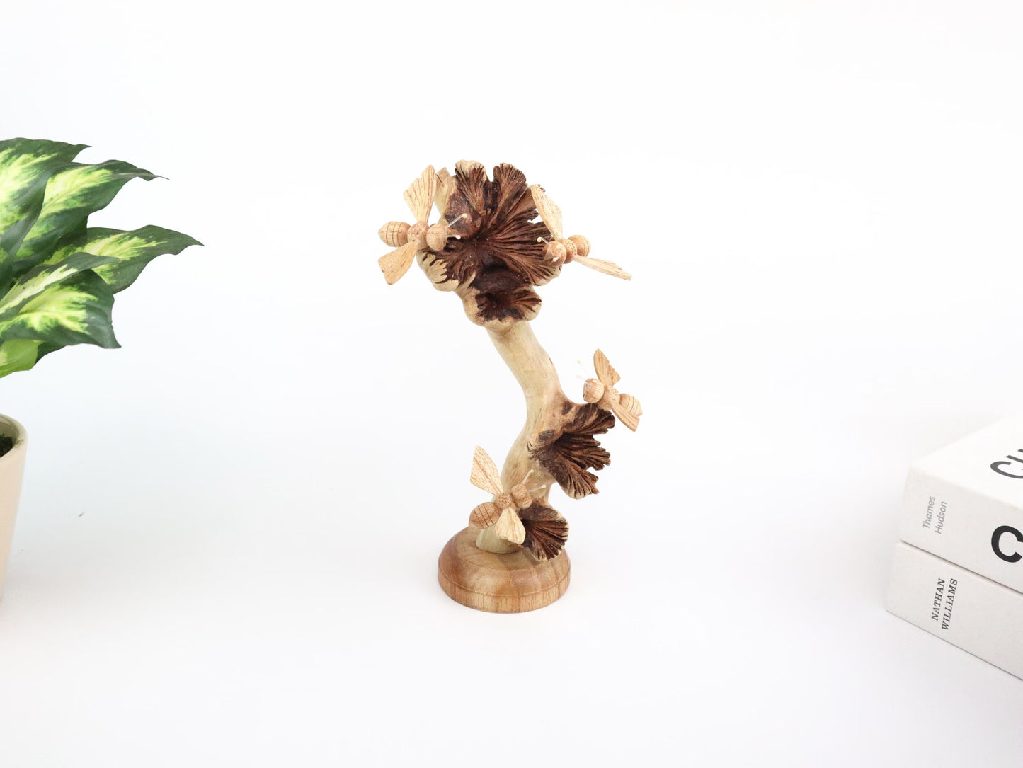 Hand-Carved Natural Wood Bee Trio on Seed Pod Tree - Freestanding Woodland Decor