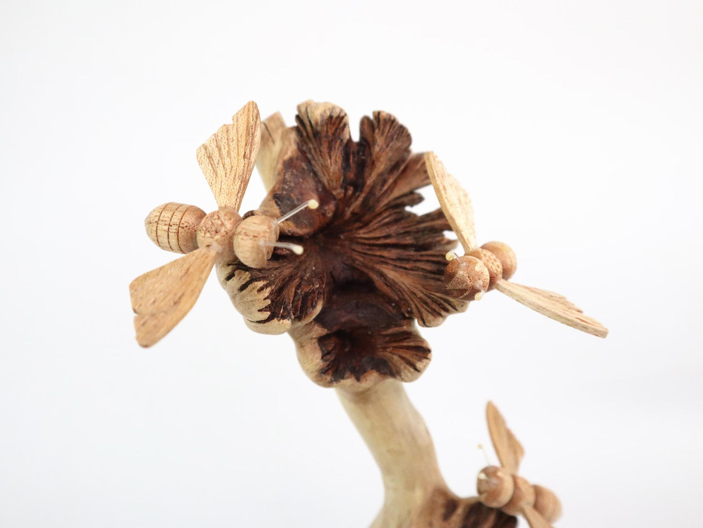 Hand-Carved Natural Wood Bee Trio on Seed Pod Tree - Freestanding Woodland Decor