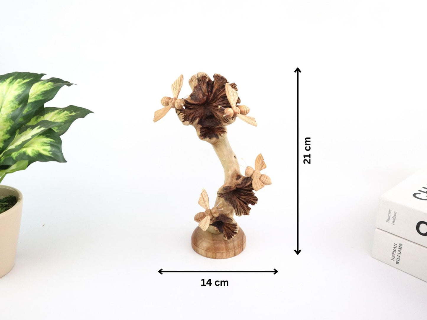 Hand-Carved Natural Wood Bee Trio on Seed Pod Tree - Freestanding Woodland Decor