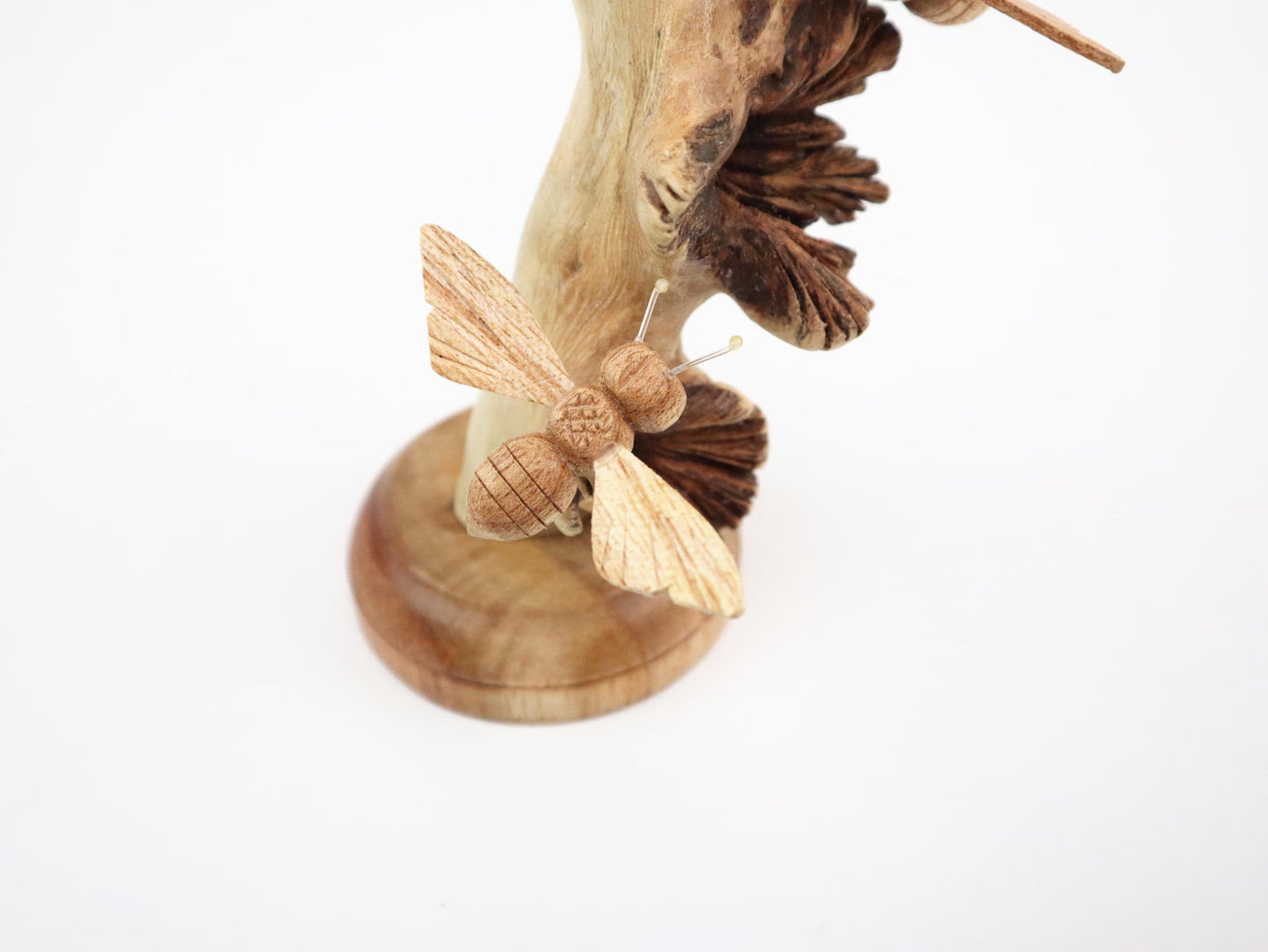Hand-Carved Natural Wood Bee Trio on Seed Pod Tree - Freestanding Woodland Decor