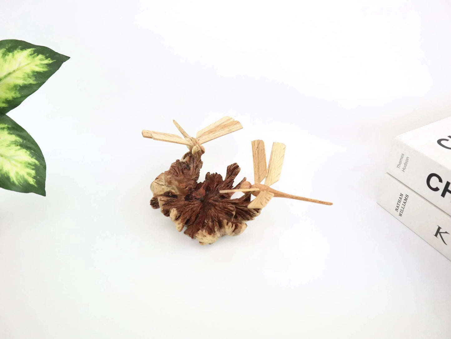 Hand-Carved Wooden Dragonfly Pair on Natural Wood Base - Freestanding Rustic Decor
