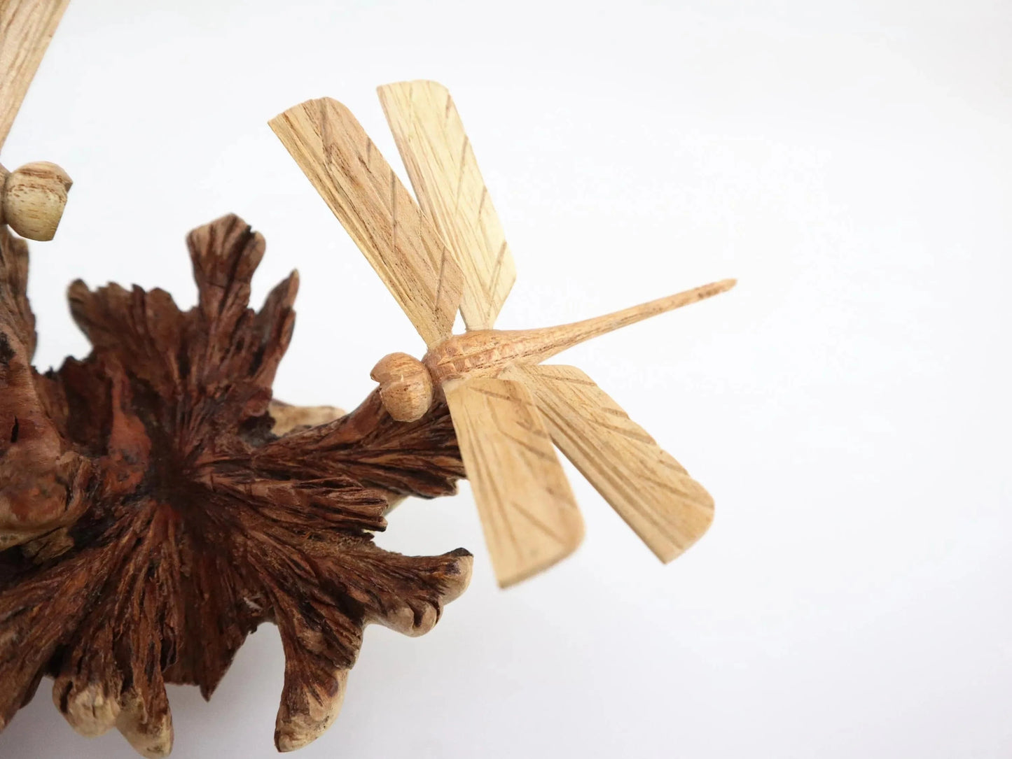 Hand-Carved Wooden Dragonfly Pair on Natural Wood Base - Freestanding Rustic Decor