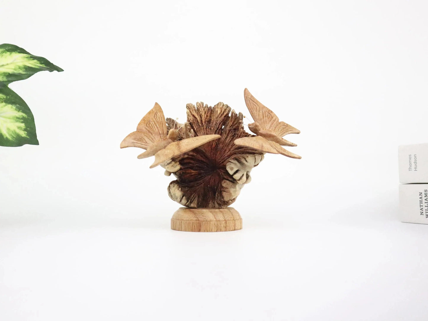 Hand-Carved Wooden Butterfly Pair on Natural Pine Cone - Freestanding Rustic Decor