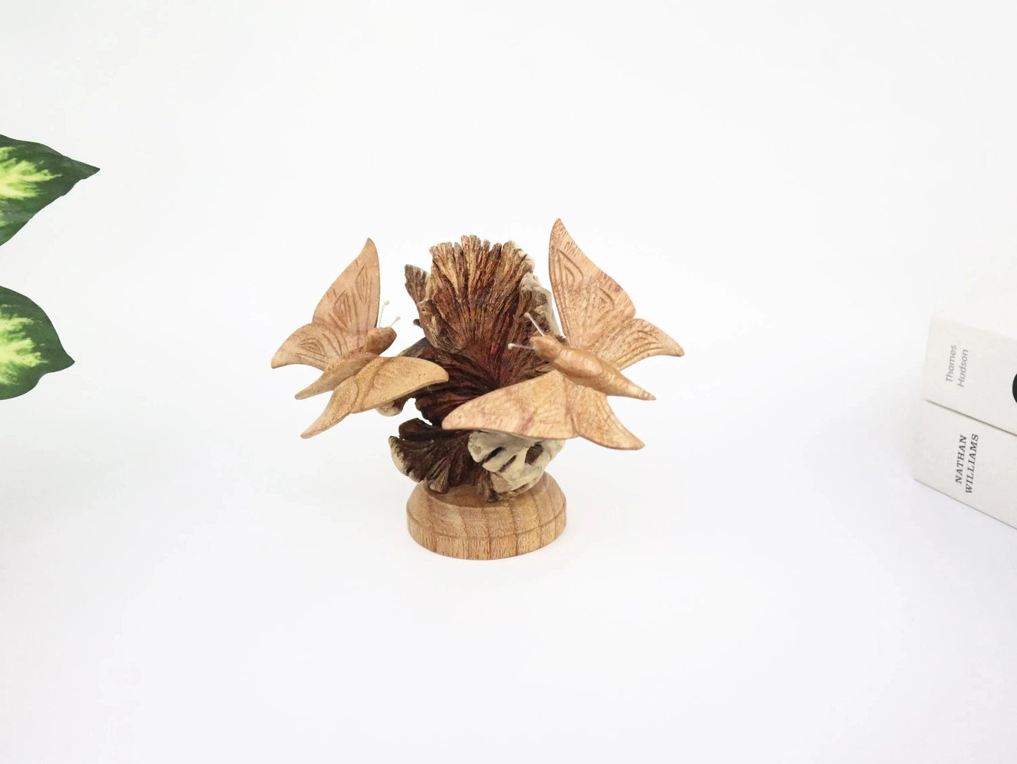 Hand-Carved Wooden Butterfly Pair on Natural Pine Cone - Freestanding Rustic Decor