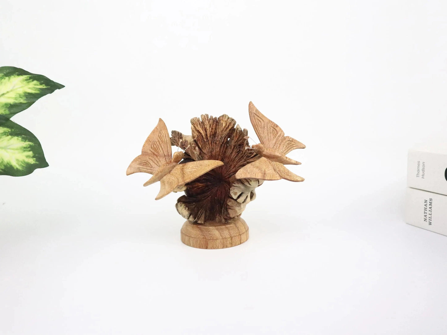 Hand-Carved Wooden Butterfly Pair on Natural Pine Cone - Freestanding Rustic Decor