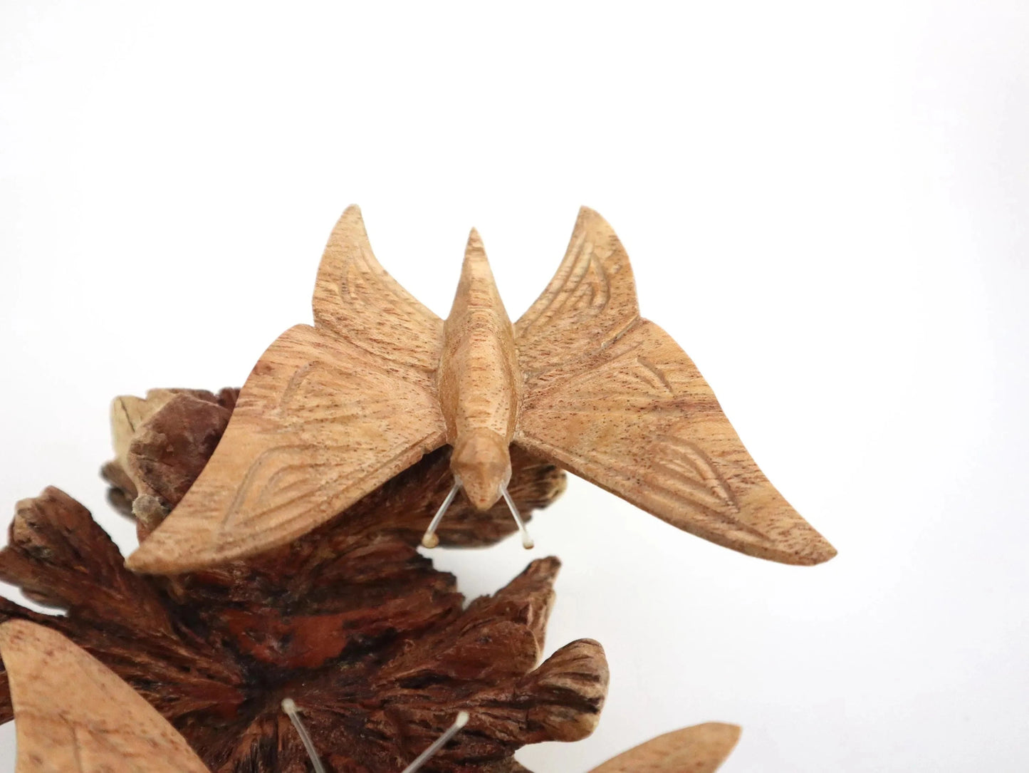 Hand-Carved Wooden Butterfly Pair on Natural Pine Cone - Freestanding Rustic Decor