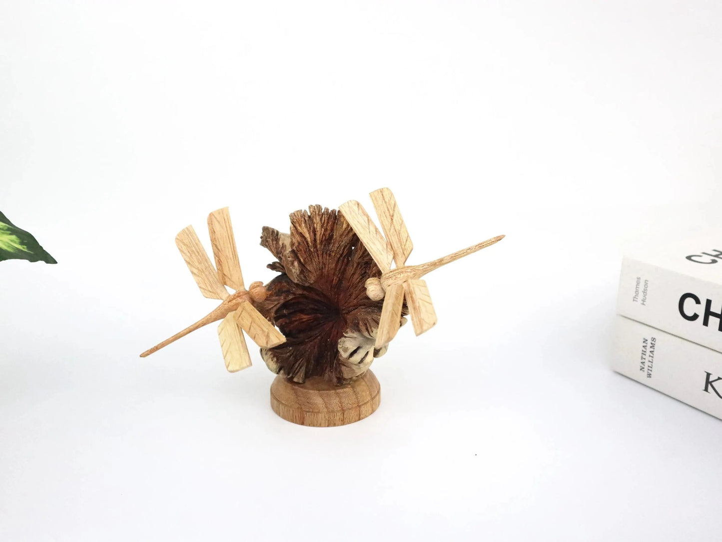 Hand-Carved Wooden Dragonfly Pair on Natural Pine Cone - Freestanding Rustic Decor
