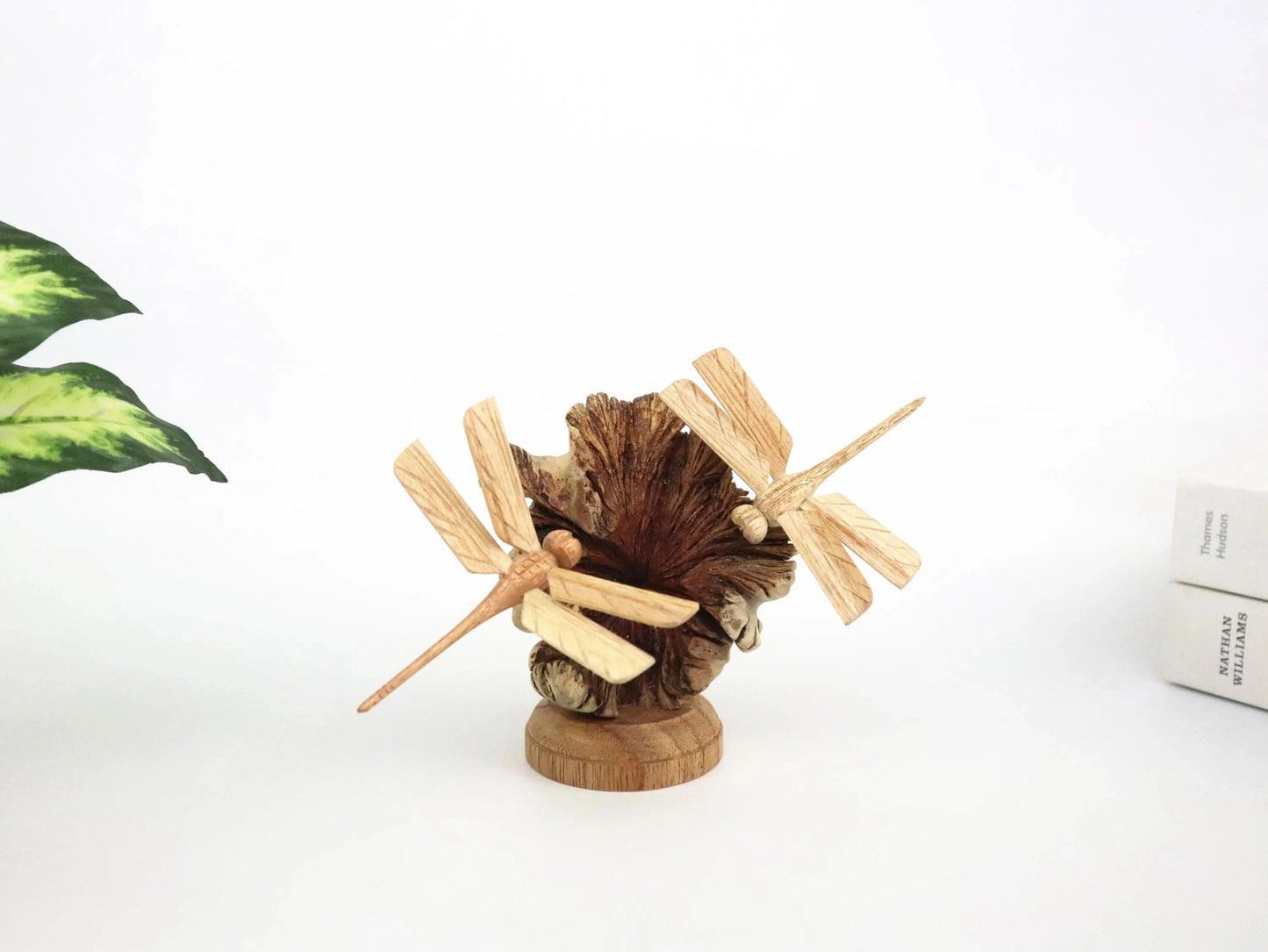 Hand-Carved Wooden Dragonfly Pair on Natural Pine Cone - Freestanding Rustic Decor