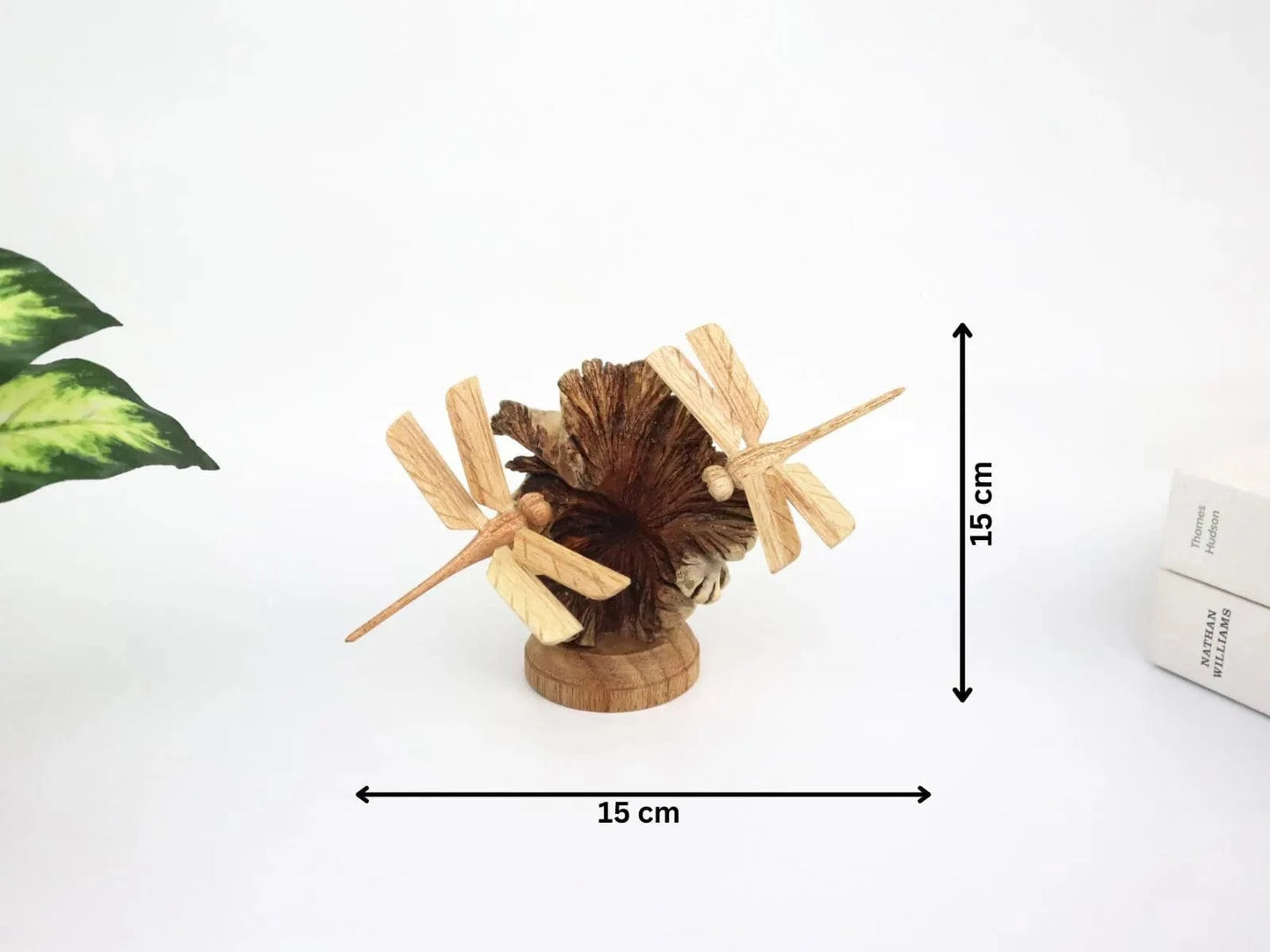 Hand-Carved Wooden Dragonfly Pair on Natural Pine Cone - Freestanding Rustic Decor