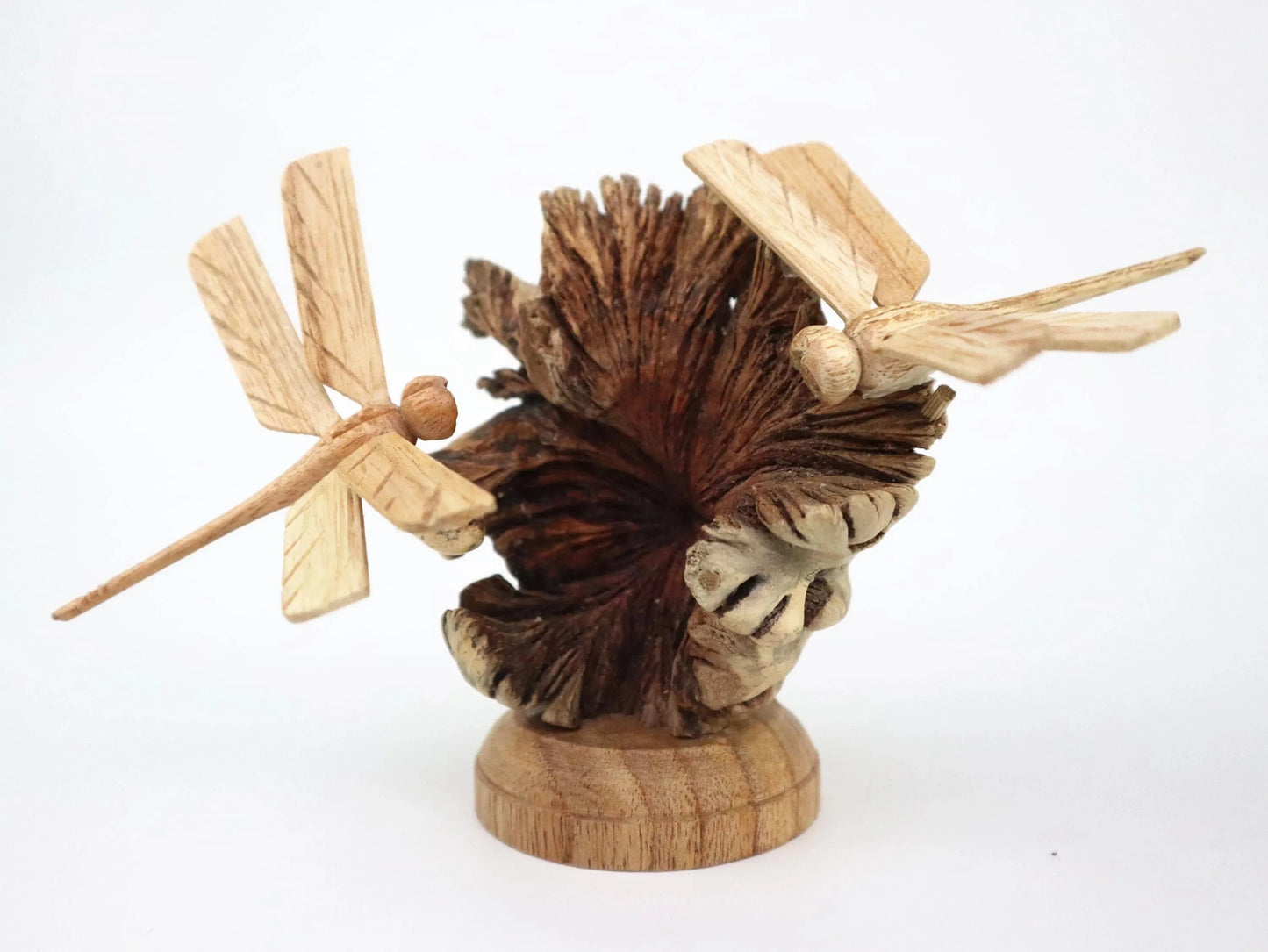 Hand-Carved Wooden Dragonfly Pair on Natural Pine Cone - Freestanding Rustic Decor