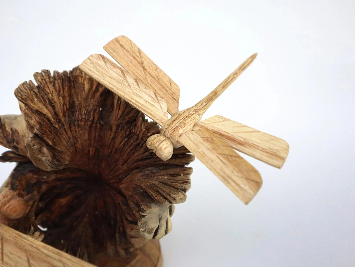 Hand-Carved Wooden Dragonfly Pair on Natural Pine Cone - Freestanding Rustic Decor