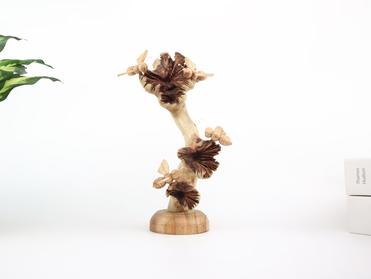 Hand-Carved Natural Wood Bee Trio on Seed Pod Tree - Freestanding Woodland Decor