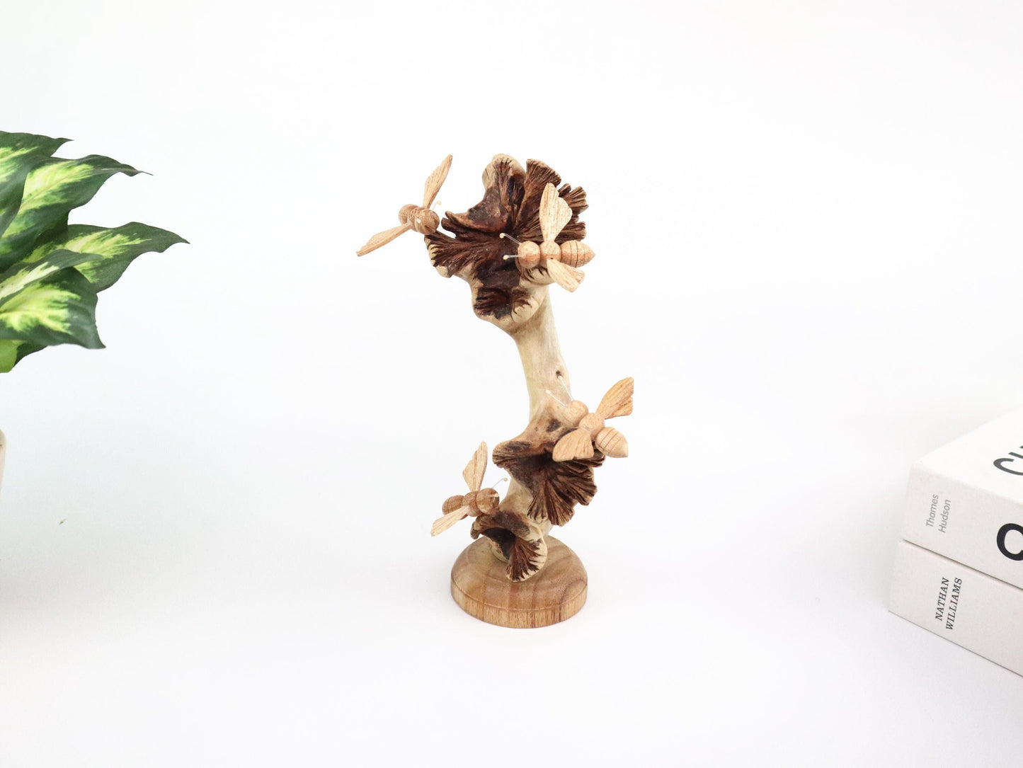 Hand-Carved Natural Wood Bee Trio on Seed Pod Tree - Freestanding Woodland Decor