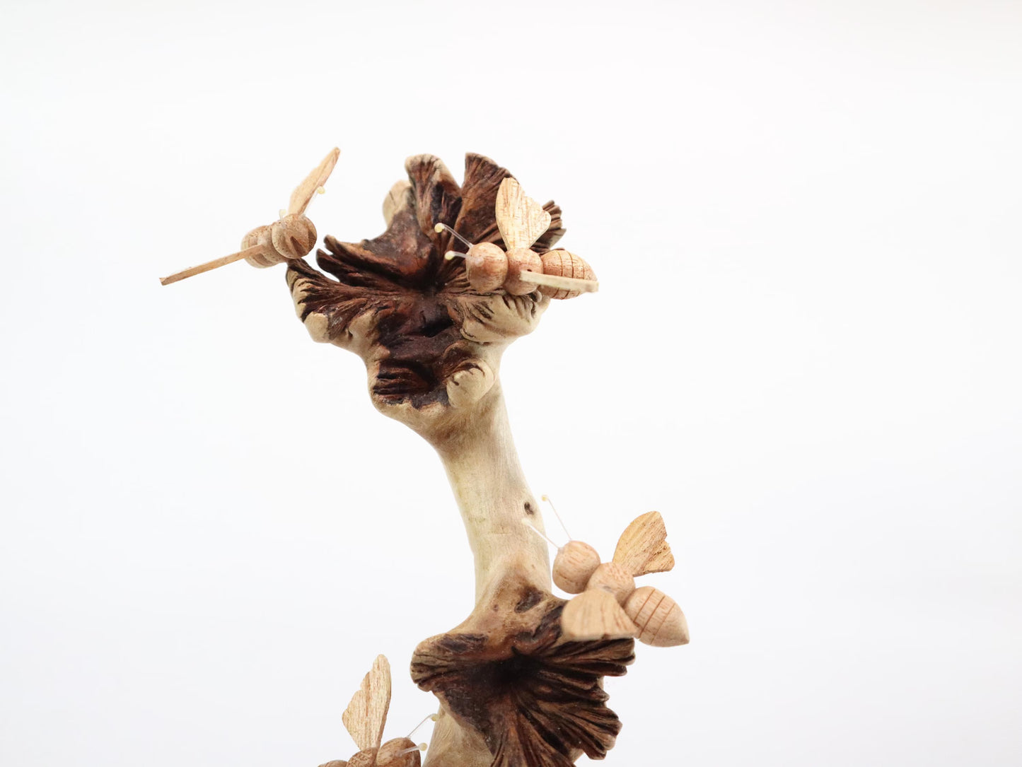 Hand-Carved Natural Wood Bee Trio on Seed Pod Tree - Freestanding Woodland Decor
