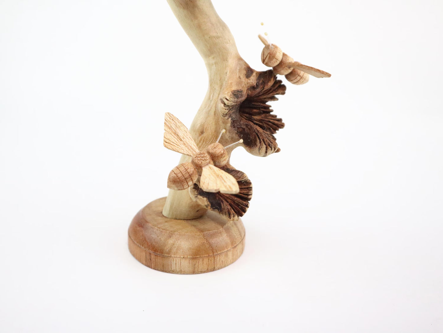 Hand-Carved Natural Wood Bee Trio on Seed Pod Tree - Freestanding Woodland Decor