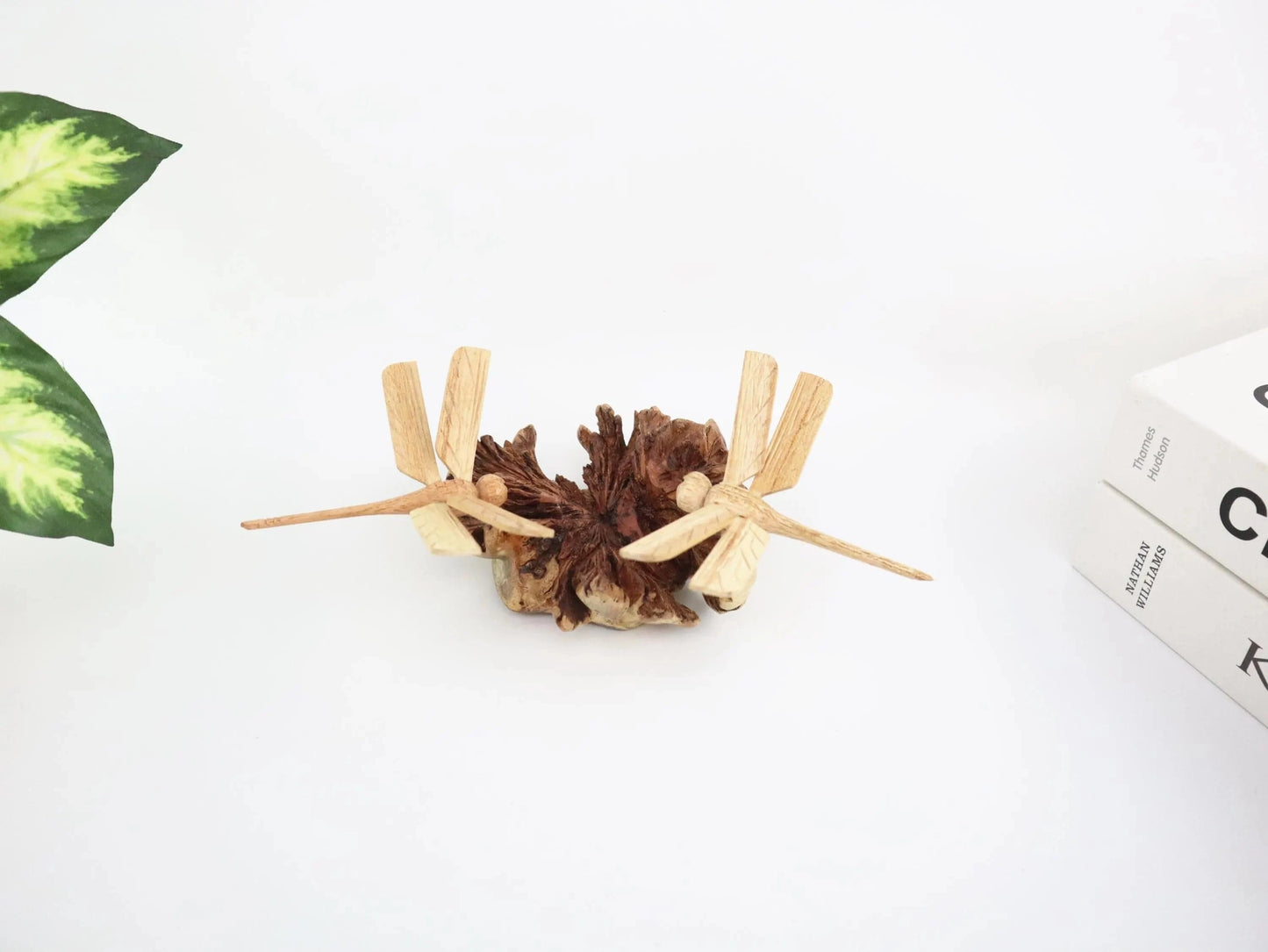 Hand-Carved Wooden Dragonfly Pair on Natural Wood Base - Freestanding Rustic Decor