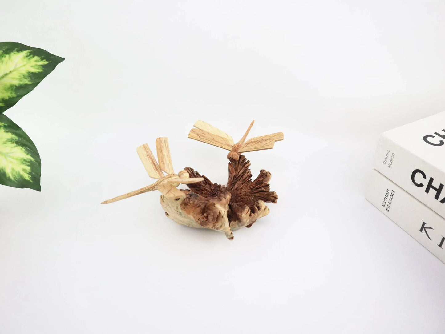 Hand-Carved Wooden Dragonfly Pair on Natural Wood Base - Freestanding Rustic Decor