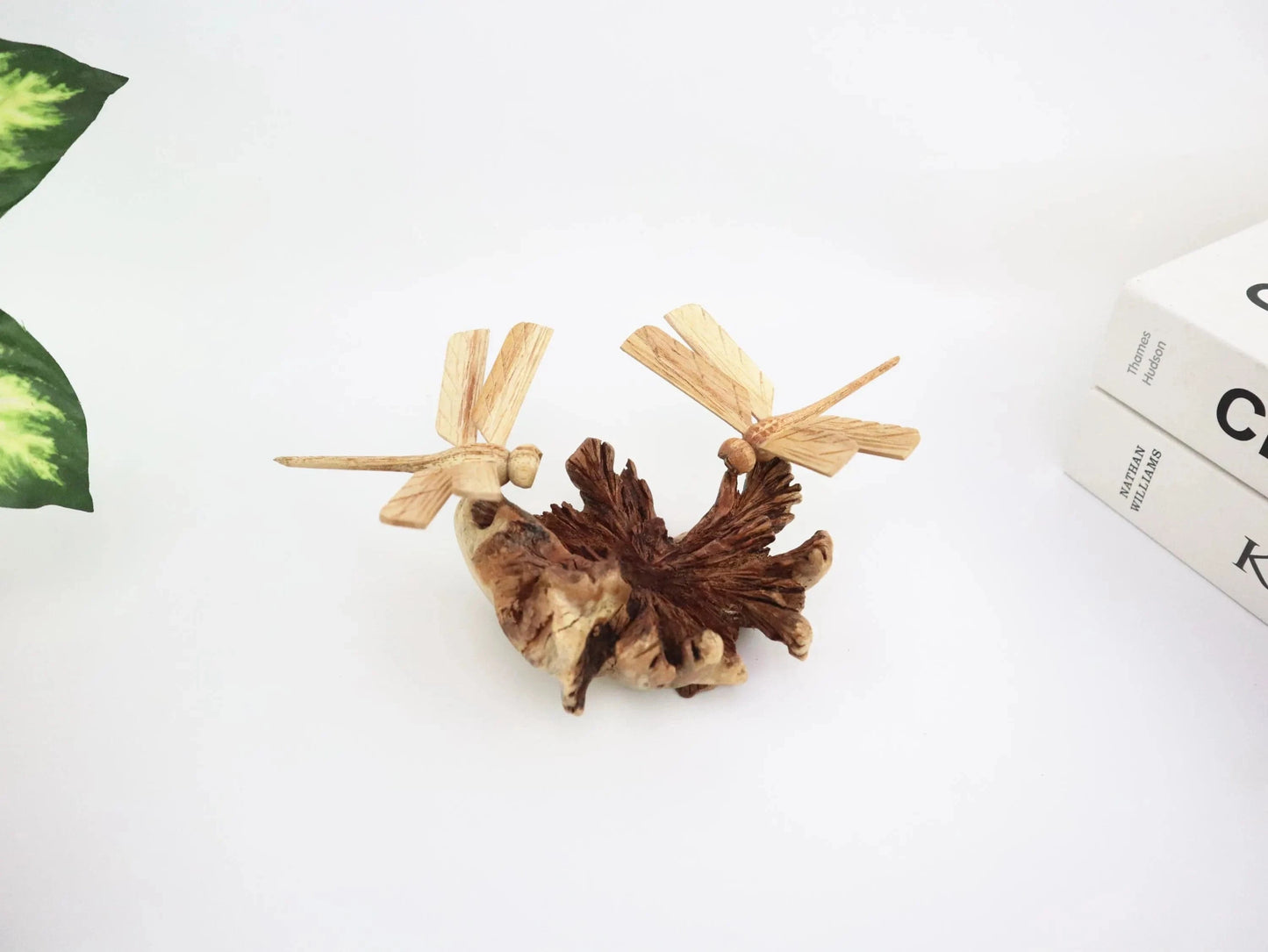 Hand-Carved Wooden Dragonfly Pair on Natural Wood Base - Freestanding Rustic Decor