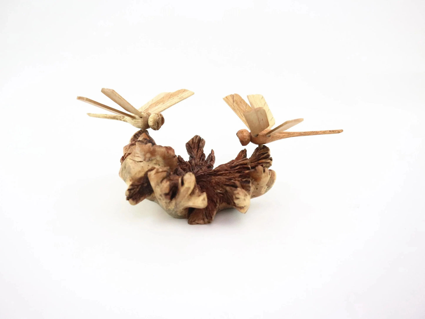 Hand-Carved Wooden Dragonfly Pair on Natural Wood Base - Freestanding Rustic Decor