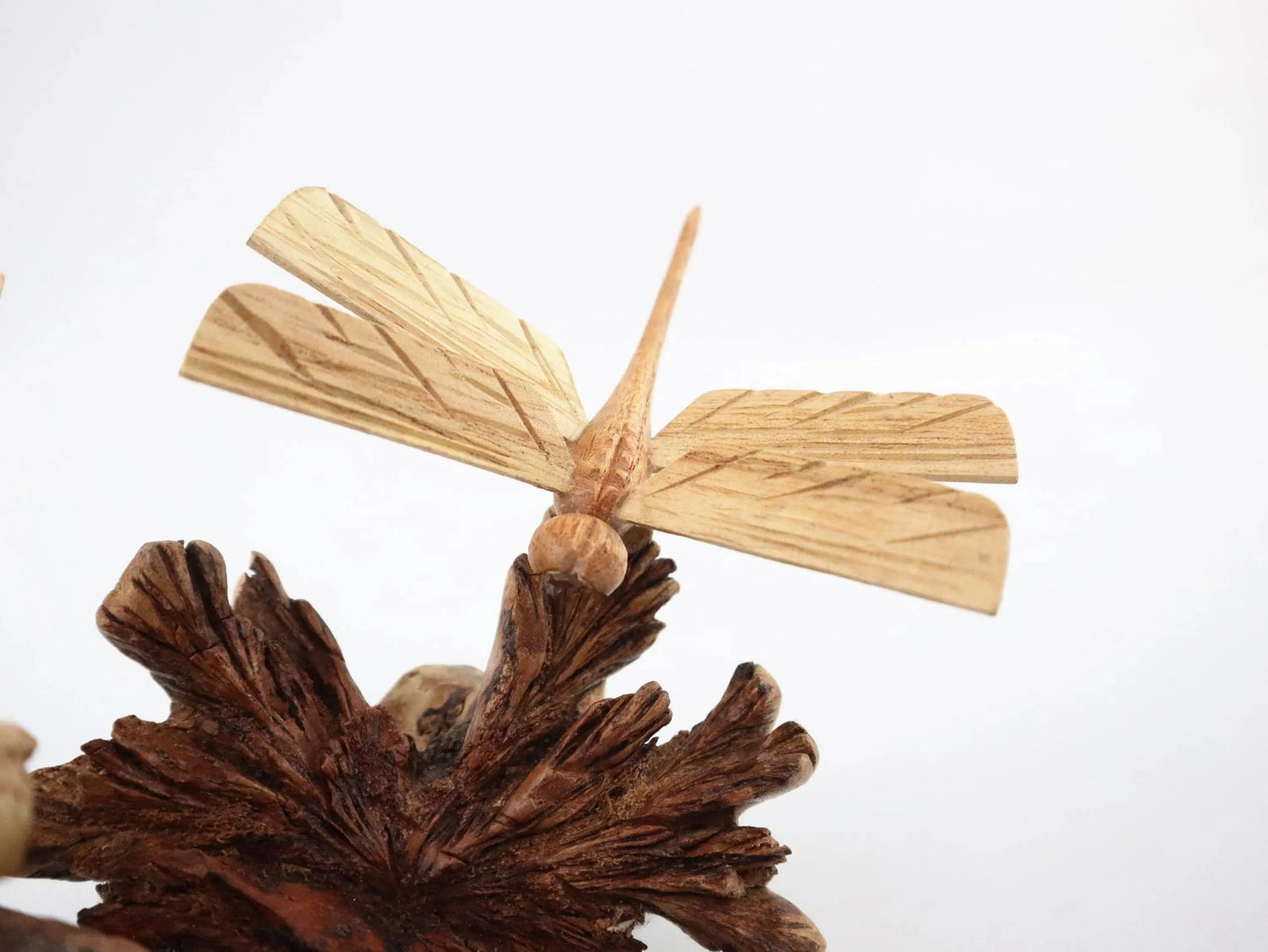 Hand-Carved Wooden Dragonfly Pair on Natural Wood Base - Freestanding Rustic Decor