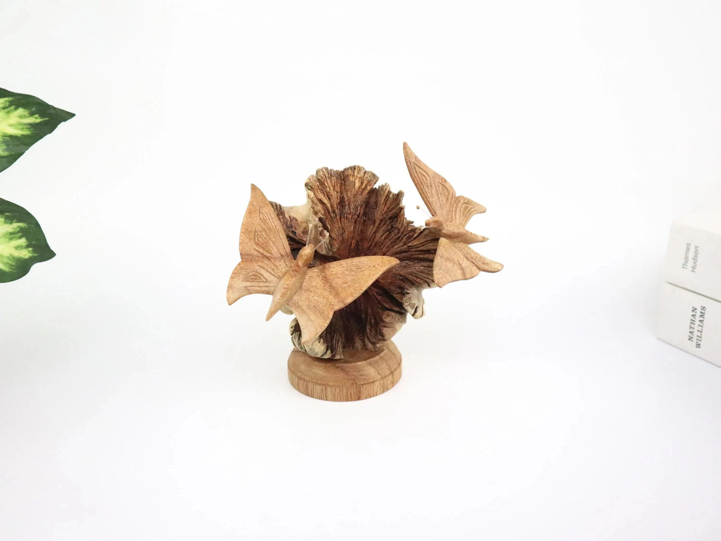 Hand-Carved Wooden Butterfly Pair on Natural Pine Cone - Freestanding Rustic Decor