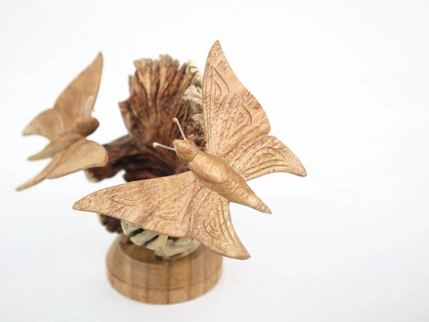Hand-Carved Wooden Butterfly Pair on Natural Pine Cone - Freestanding Rustic Decor